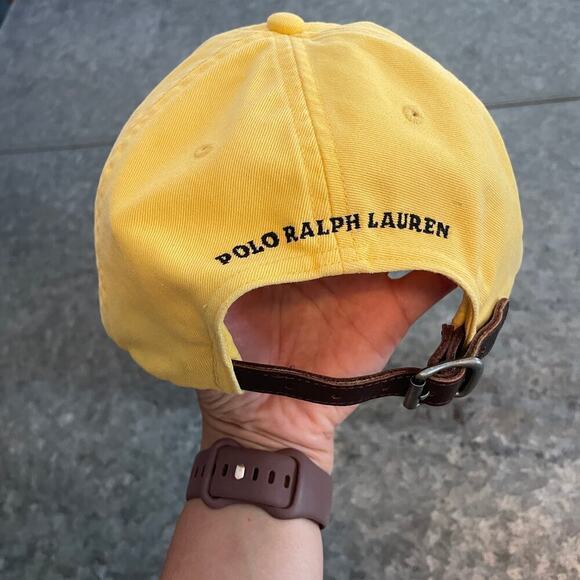 Vintage Polo Ralph Lauren Big Logo Pony Hat Yellow Black Leather Strap 90s Y2K - Picture 6 of 10